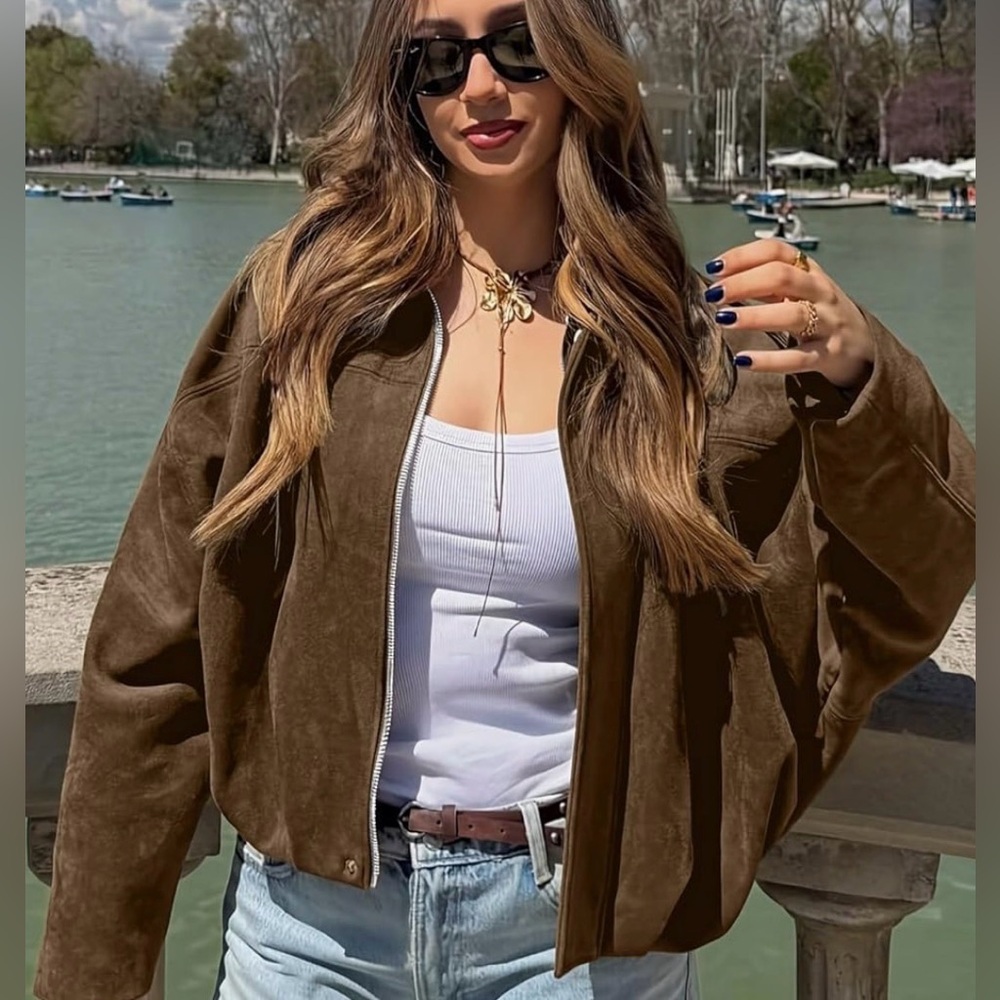 NWT Brown Bomber Jacket - Picture 4 of 11